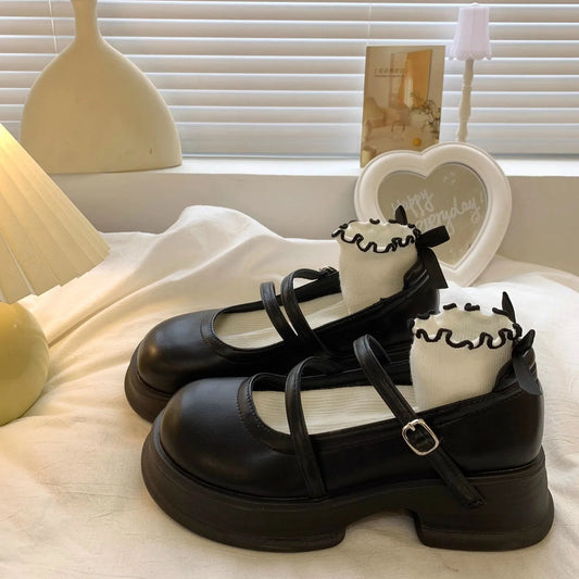 Leather Mary Jane Shoes Japanese Style Lolita Round Toe High on Platform Female Footwear Black Gothic Vulcanized for a H