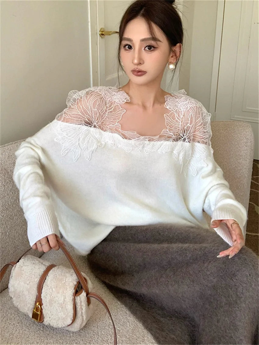 Lace Patchwork Knitted Sweaters Lady Spring Office Wear Pullovers Daily Loose Slim