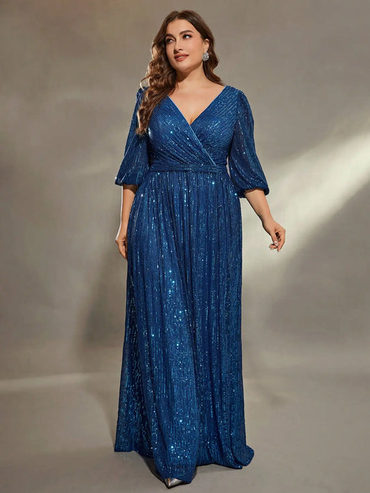 V-neck Bust Pleated Mid-long Sleeve A-frame Sequin Long Dress Evening Gown Prom Dress Party Dress