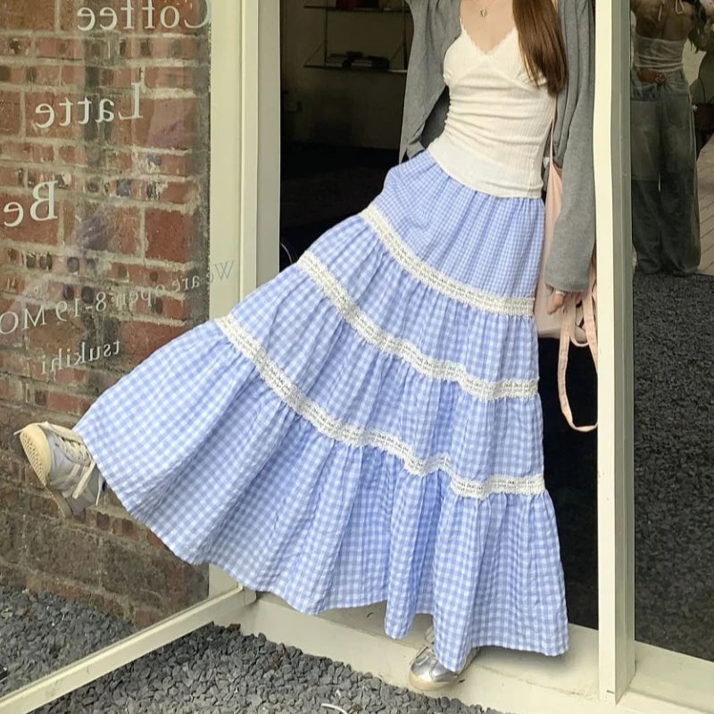 Korean Contrast Color Patchwork Loose Midlength Skirt Summer New High Waist All Match Plaid Aline Skirt