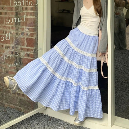 Korean Contrast Color Patchwork Loose Midlength Skirt Summer New High Waist All Match Plaid Aline Skirt