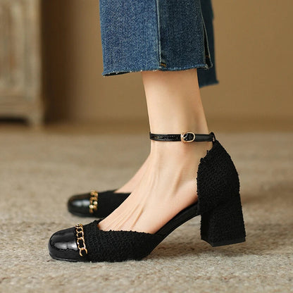 New Summer Sandals Cotton Fabric Shoes for Cover Toe Chunky Shoes Round Toe Cover Heel Sandals Splicing Chain Shoes