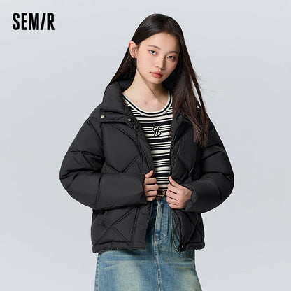 Cotton Clothing Loose Stand Collar Simple Temperament Winter Gentle Waterproof Rhombus Versatile Thick Coat