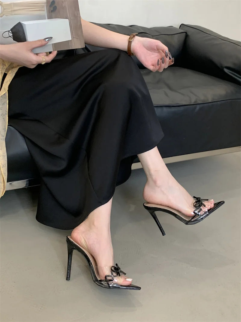 Pointed Toe Red High Heels Transparent Slippers Leather Bowknot Designer Sandal Summer Party Dress Shoes