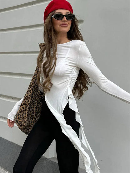 White Knit Slim T-shirt Pullover Female Ruffled Patchwork See-through Long Sleeve Y2k Inner Top ’s Knitwear Tee