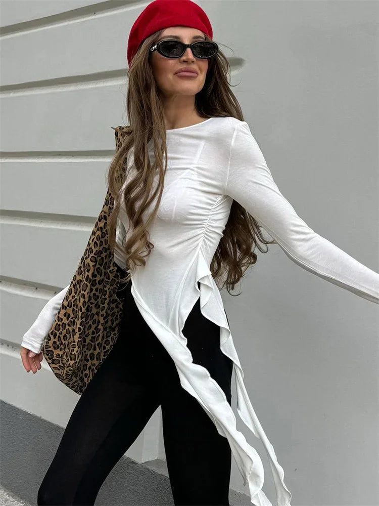 White Knit Slim T-shirt Pullover Female Ruffled Patchwork See-through Long Sleeve Y2k Inner Top ’s Knitwear Tee