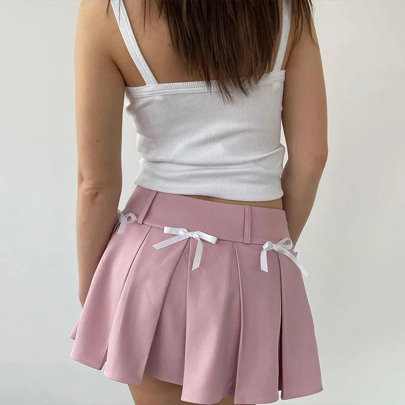 Europe and America Summer New French Style Sweet Bow Tie Up Half Aline Skirt Pleated Skirt