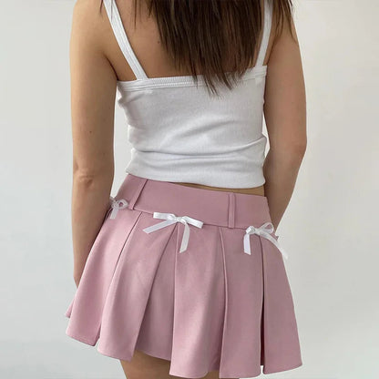 Europe and America Summer New French Style Sweet Bow Tie Up Half Aline Skirt Pleated Skirt