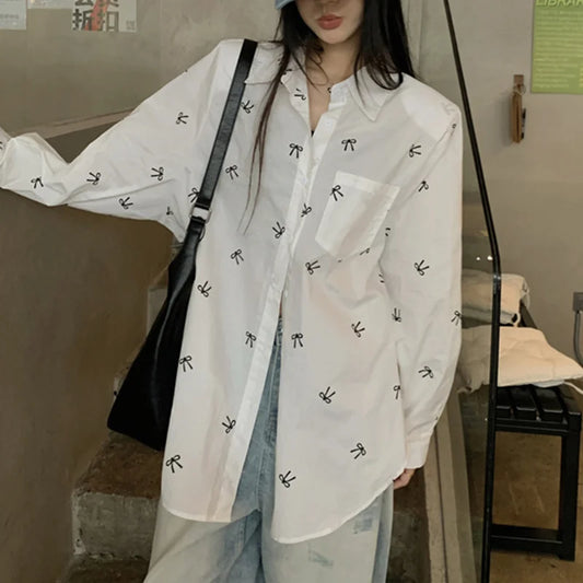 Y2k Shirt Blouse Bow Print Lapel Collar Single Breasted Long Sleeve Top With Pocket 2000s Clothes