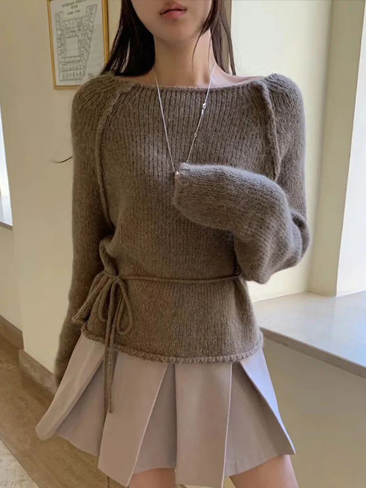 Knitted O-neck Sweaters Korean Loose Pullover Sweater With Thin Strip Female Autumn Street Base Knitwear