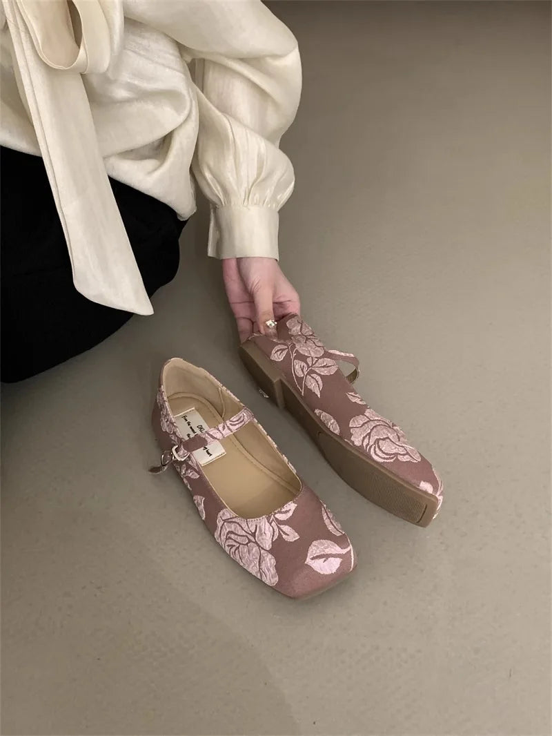 Spring Summer Square Flat Mary Jane Shoes for Pattern Temperament Lightweight Shoes