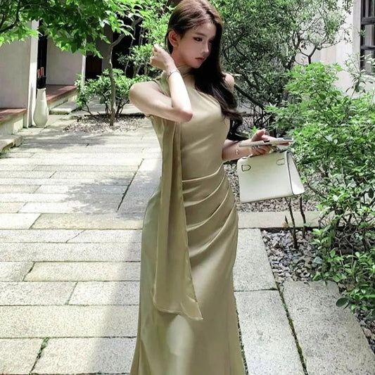 New Maxi Dresses Summer Sleeveless Off Shoulder Slim Dress High Street Club Lady Folds Dresses