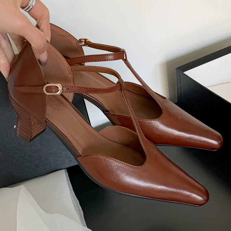 Cow Leather Kitten Heel Pointed Toe Tstrap Pumps Retro Gradient Color Evening Dress Sandals Shoes Woman