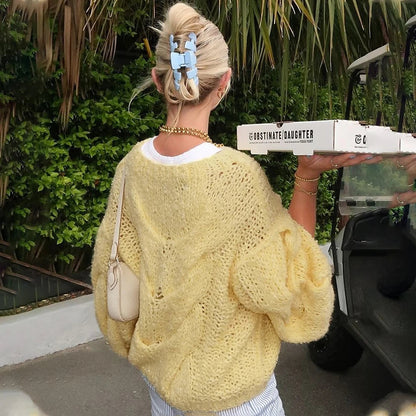 Knitted Seethrough Sweater Pullover Autumn Loose Pullover Color Y2k Knitted Pullover