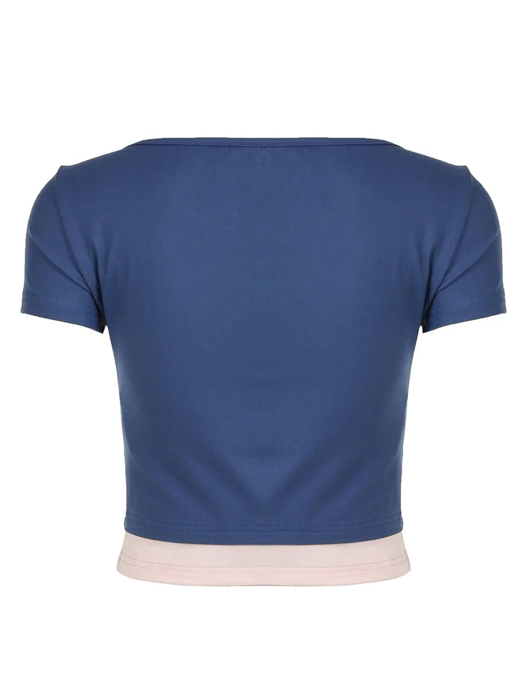 Contrast Patchwork Slim Y2k Cropped T-shirts Blue Square Collar Short Sleeve Basic Summer Top Tees