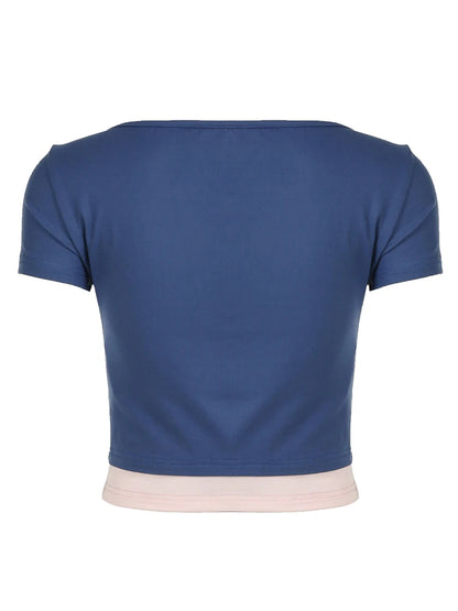 Contrast Patchwork Slim Y2k Cropped T-shirts Blue Square Collar Short Sleeve Basic Summer Top Tees