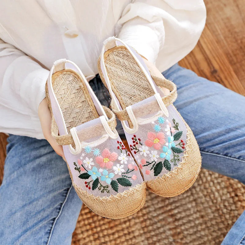 Summer New Thin Mesh Embroidered Shoes Breathable Antique Hanfu Shoes Old Beijing Cloth Shoes Flat Shoes