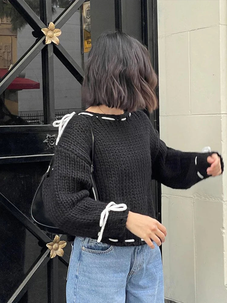 Loose Lace Up ’s Sweater Round Neck Long Sleeves Pullover Top Lady Autumn