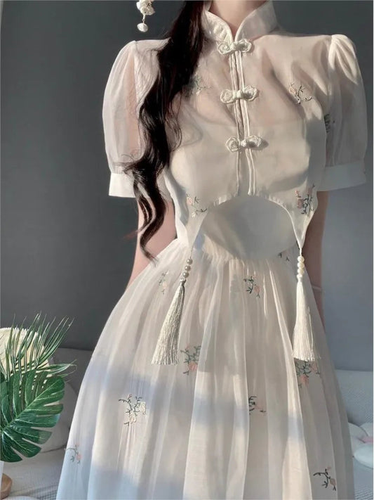 Dress Sets Summer Chinese Style Hight Waist Mesh Midi Dresses Gentle Wind Female Dress Vestidos