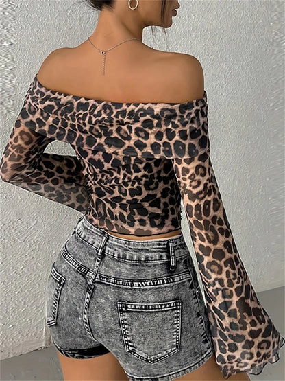 Leopard Printed Mesh T-shirt Top for Off-shoulder Long Sleeve Cropped Y2k Top Pullover Contrast Female Slim Tee