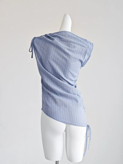 French Blue Striped Drawstring Strap Shirt for Summer Outfit Sweet Girli Irregular Slim Fit Sleeveless Blouses Tops