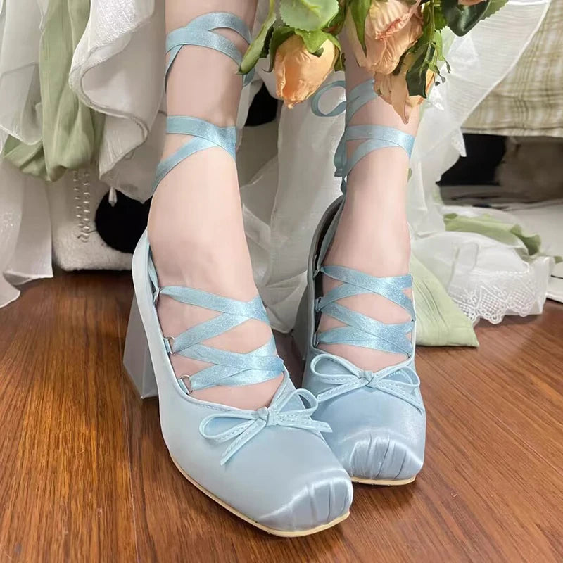 Silk Square Toe 9cm Heel Ballet Shoes Lace Up Pumps