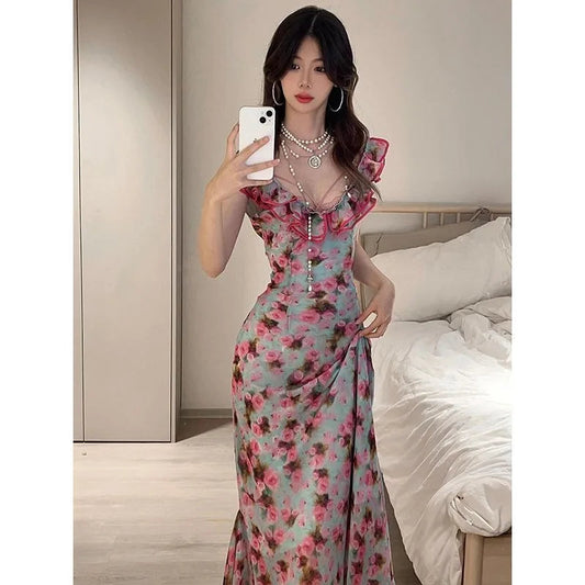 French Vneck Ruffle Dress for Summer New Unique Evening Party Dresses Vacation Style Waist Long Dress