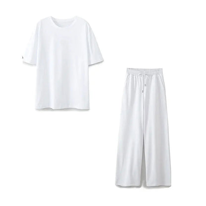 Summer Basic Round Neck Cotton Tshirt Set Short Sleeves Top Female Loose Laceup Straight Leg Pants