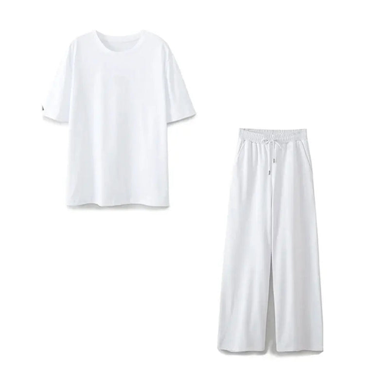 Summer Basic Round Neck Cotton Tshirt Set Short Sleeves Top Female Loose Laceup Straight Leg Pants