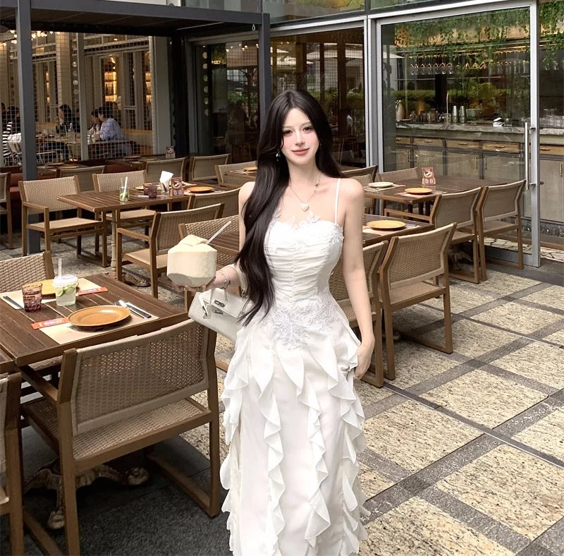 Korean Sweet Fairycore Long Dresses for Spaghetti Strap Ruffles Princess Party Dress Summer Slim Waist Vestidos