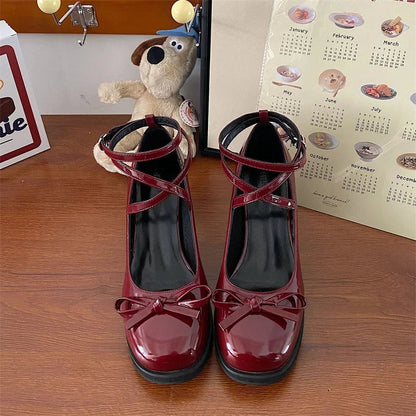 Red Mary Jane Pumps Thick High Heels Shoes Female Lolita Square Toe Shoes Spring Party Leather Woman Shoes New