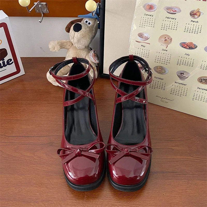 Red Mary Jane Pumps Thick High Heels Shoes Female Lolita Square Toe Shoes Spring Party Leather Woman Shoes New