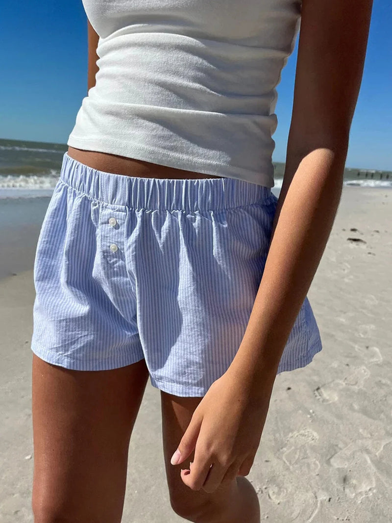 Loose Stripe Button Details Summer Shorts Vacation Beach Outfits
