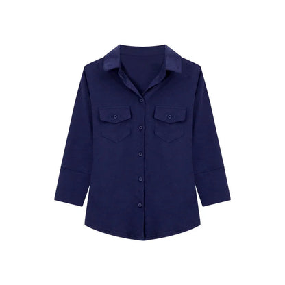 Navy Blue Three Quarter Shirt for Tops Button Up Slim White Blouse Female Autumn Black Clothes