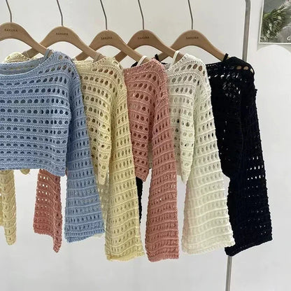 Hollow Out T-shirt Knit Sweater Loose Y2k T-shirt Crewneck Thin Sweater Autumn Pullovers