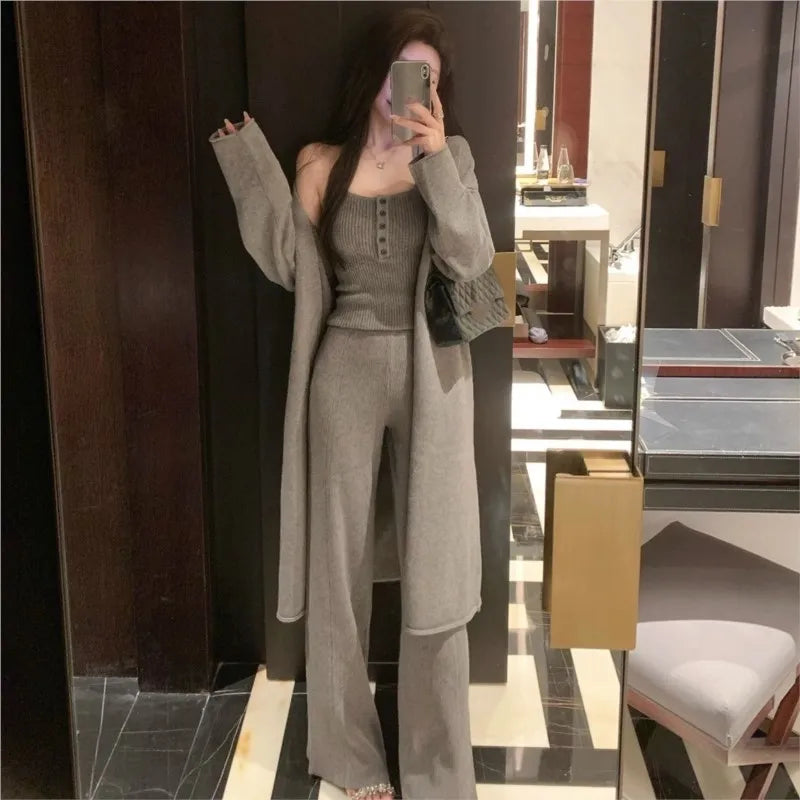 Autumn Winter New Knitted 3-piece Set Halter Vest Long Cardigan Long Pants Korean Female Outfits