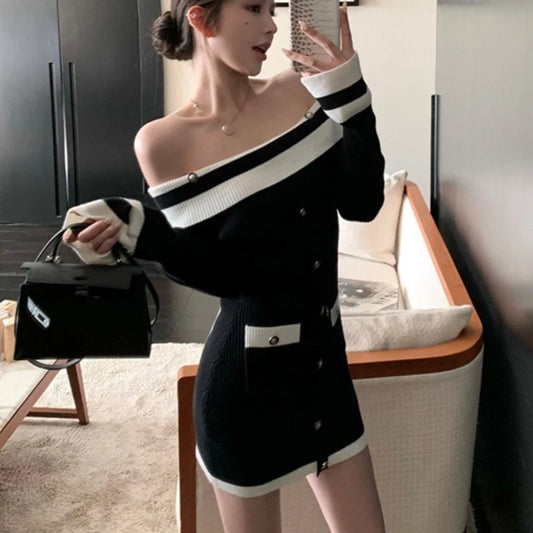 Slash Neck Knitted Dress Long Sleeve Bodycon Mini Dresses Korean Autumn Winter New Slim Vestidos