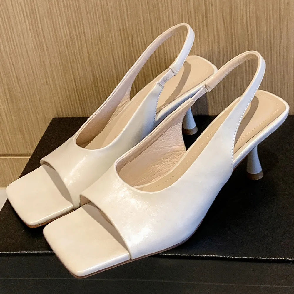 Genuine Leather Thin High Heel Square Toe Slipon Sandals Evening Dress Pumps Heels Daily Shoes for