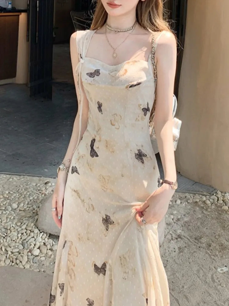 Y2k Spaghetti Strap Dress New Print Midi Dress Female Korean Slim Beach One Pieces Vestidos