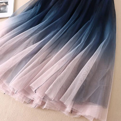 Gradient Tulle Midi Skirt Mesh Pleated Skirts Summer Korean High Waist All Match a Line Skirt