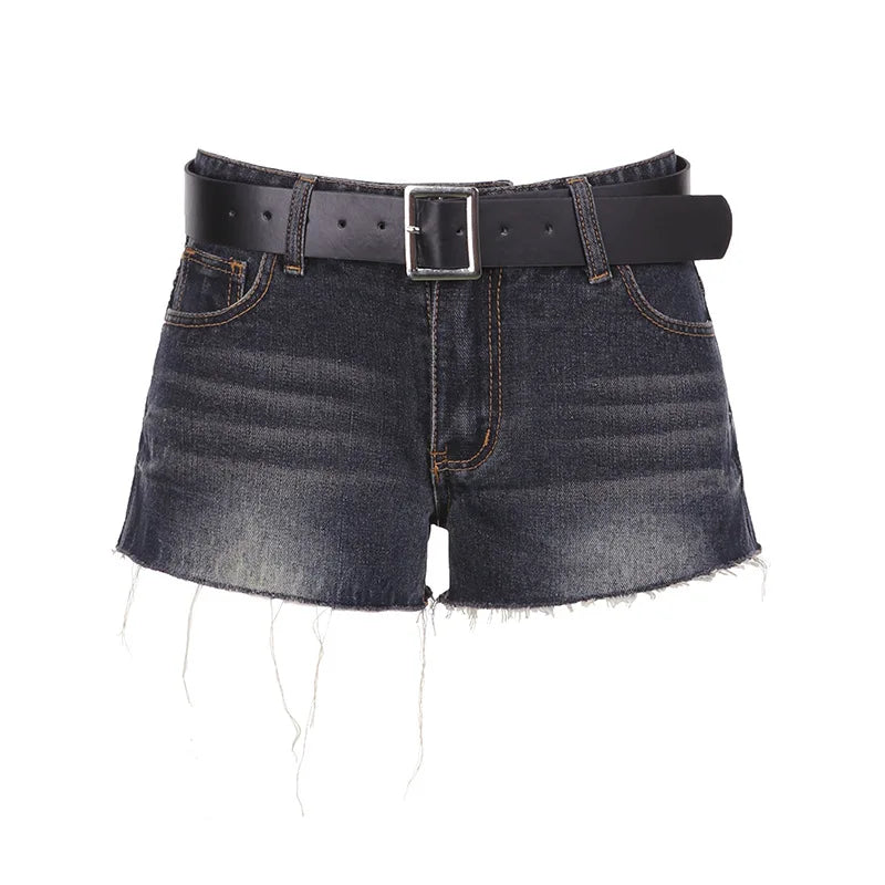 Blue Tassel Denim Shorts American Low Waist Straight With Belt Mini Shorts Summer Y2k