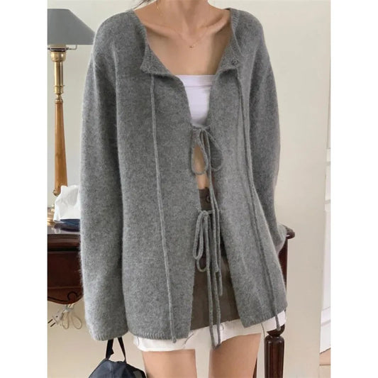 Autumn for Crop Tops Korean Retro High Street Hollow Out Bandage Sweater Cardigan Knit Jacket Tops