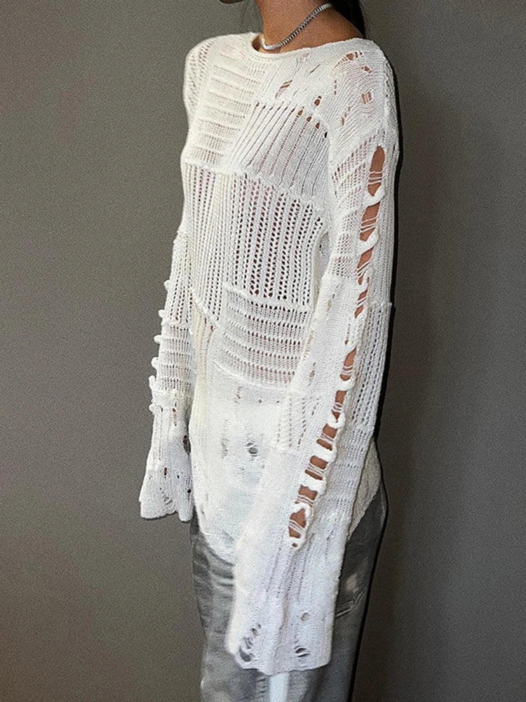 Ripped Full Length Pullovers Knitting Loose Beggar Style Hollow Out Lady T-shirt Harajuku Y2k