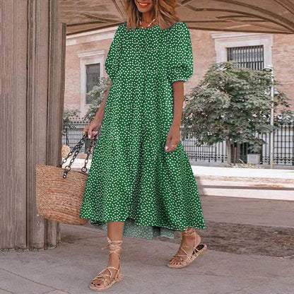 Summer New ’s Print Dress Puff Short Sleeves Ruffles Loose A-line Midi Dresses Beach Vacation Vestidos