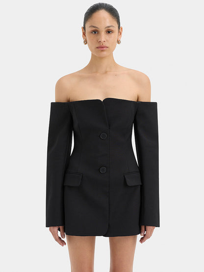 Off-shoulder Strapless Blazer Dress for Zipper Two Pocket Long Sleeve Backless Mini Dress