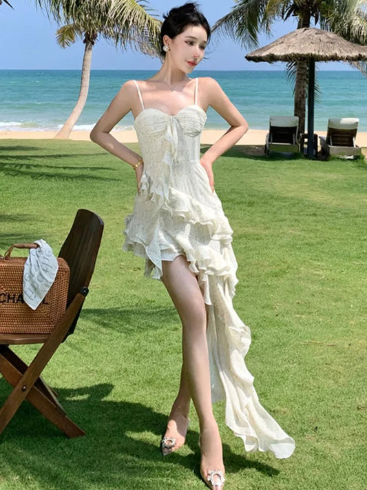 Summer Club Sling Print Slim Fairy Dress Irregular Layered Ruffles Backless Holiday Party Long Dress New