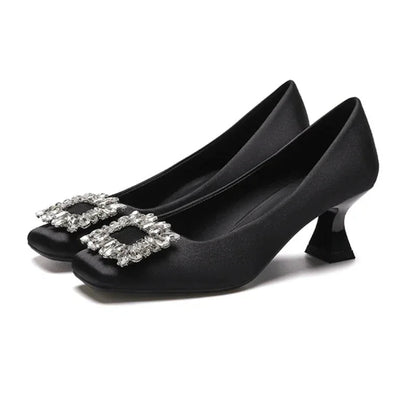 Rhinestone Satin Pumps Square Button Low Heel Office Shoes Crystal High Heels Dress Shoes