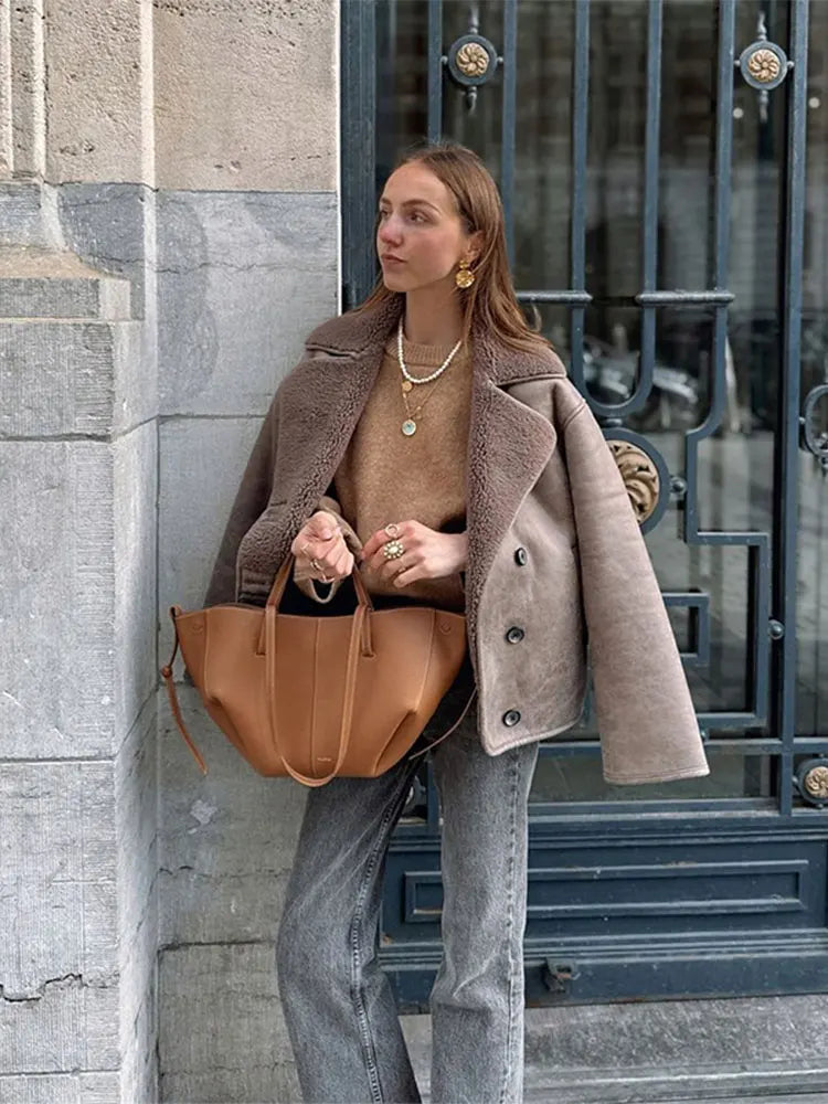 Lapel Lamb Wool Splicing Suede Jacket Single Breasted Long Sleeve Thicken Warm Coat Lady