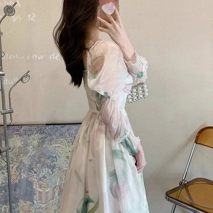 Chiffon Dresses Puff Sleeve Spring Summer Print Vestidos Mujer French Style Sweet Long Dress