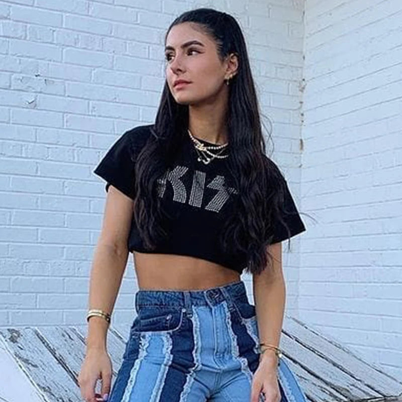 Summer European and American Style Short Sleeved T-shirt With Letter Hot Diamond Top, T-shirt With Slim Fit Inside for